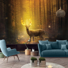 Een fotobehang van een hert in een sprookjesachtig bos met de brandende zon te zien in de huiskamer.