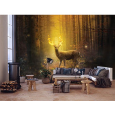 Een fotobehang van een hert in een sprookjesachtig bos met de brandende zon te zien in de woonkamer.