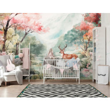 Een fotobehang van een hert in de wildernis, ideaal voor een kinderkamer, dat de natuur dichterbij brengt.