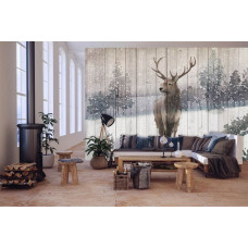 Een fotobehang van een hert in een winterbos met een rendier in een natuurlijke omgeving te zien in de woonkamer.