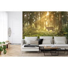 Een fotobehang met een hert in een zonnig bos in een woonkamer.