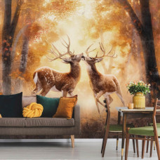 Een fotobehang met herten in een bosrijke setting, perfect voor een eetkamer.