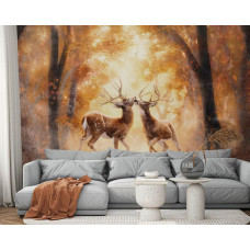 Een fotobehang met herten in een bosrijke omgeving, passend in een slaapkamer en woonkamer.