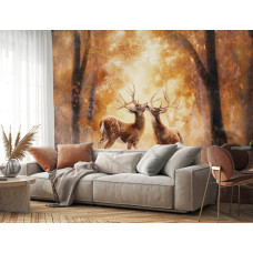 Een fotobehang met herten in een bos, passend in een woonkamer.