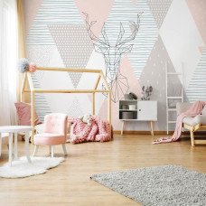 Een fotobehang met abstracte herten in kunststijl voor de kinderkamer.