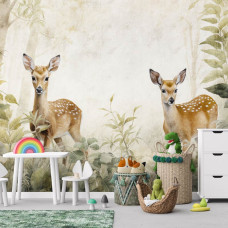Een fotobehang van hertjes in het bos met bosdieren, ideaal voor een speelkamer die de natuur tot leven brengt.