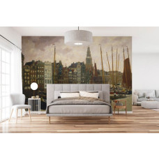 Een slaapkamer met fotobehang met een historisch stadsbeeld van het Damrak in Amsterdam, met iconische huizen, de Oudekerkstoren en een sfeervolle weergave van de binnenhaven.