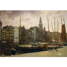 Fotobehang met een historisch stadsbeeld van het Damrak in Amsterdam, met iconische huizen, de Oudekerkstoren en een sfeervolle weergave van de binnenhaven.