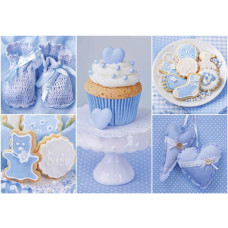 Fotobehang met de tekst 'Het is een jongetje,' in een babyblauwe cupcake-stijl voor jongens.