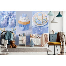 Een fotobehang van een blauw cupcakeontwerp voor de jongen in de kinderkamer.