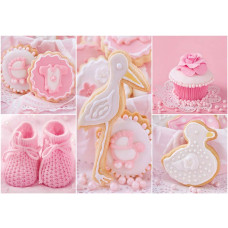 Fotobehang met de tekst 'Het is een meisje,' roze babykamerontwerp met cupcake-stijl.