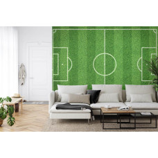 Een fotobehang met een uitgestrekt grasveld en een voetbal in een huiskamer.