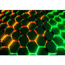 Fotobehang met 3D-zeshoeken in neonkleuren groen, oranje en geel met futuristische lichtaccenten.
