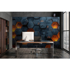 Een fotobehang met een hexagonale lavadesign, passend in een gamekamer of kantoor.