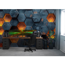 Een fotobehang met een hexagonale lavadesign, ideaal voor een gamekamer.