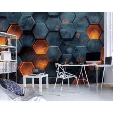 Een fotobehang met een hexagonale lavadesign, geschikt voor een gameroom.