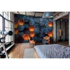 Een fotobehang met een hexagonale lavadesign, perfect voor een kinderkamer.