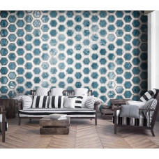 Een fotobehang met blauwe hexagon tegels met een 3D-effect te zien in de huiskamer.