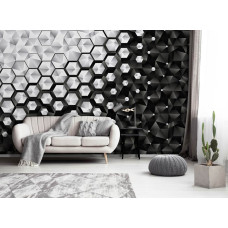 Fotobehang met geometrische zilveren zeshoeken, ideaal om diepte te creėren in de huiskamer.