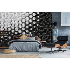 Fotobehang met een zilveren hexagon-patroon in 3D-stijl, geeft een futuristisch accent aan de slaapkamer.