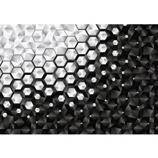 Fotobehang met geometrische zilveren zeshoeken en een 3D-effect.