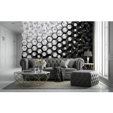 Fotobehang met zilveren hexagon-motieven, biedt een moderne uitstraling in de woonkamer.