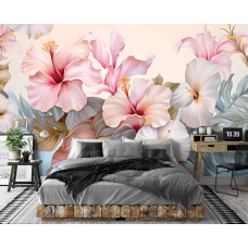 Een fotobehang van een hibiscus kunst schilderij van bloemen en planten in een slaapkamer op vliesbehang.