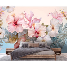 Een fotobehang van een hibiscus kunst schilderij van bloemen en planten in een woonkamer en slaapkamer met zachte tinten.