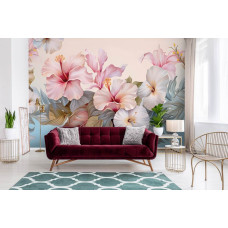 Een fotobehang van een hibiscus kunst schilderij van bloemen en planten in de woonkamer.