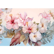 Hibiscus bloemen afgebeeld in een kunstschilderij, weergegeven op een prachtig bloemig fotobehang.