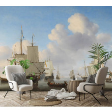 Een bedrijfsruimte met een fotobehang met Hollandse oorlogsschepen op een kalme zee, met gehesen zeilen en een sloep onder trompetgeschal, geïnspireerd op Willem van de Velde II’s meesterwerk.