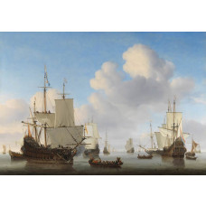 Fotobehang met Hollandse oorlogsschepen op een kalme zee, met gehesen zeilen en een sloep onder trompetgeschal, geïnspireerd op Willem van de Velde II’s meesterwerk.
