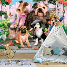 Een fotobehang met honden in carnavalsthema, ideaal voor een vrolijke kinderkamer.