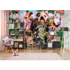 Een fotobehang van feestelijke honden in carnavalstijl, perfect voor een slaapkamer.