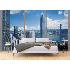Een fotobehang van het uitzicht op de stad Hong Kong met 3D raamzicht voor de slaapkamer.