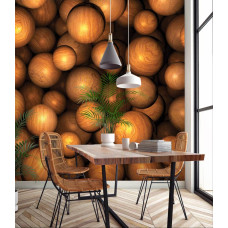 Een fotobehang met bruine houten ballen in een abstract kunstontwerp voor de keuken.
