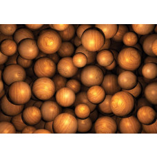 Fotobehang met abstracte ronde houten ballen, in verschillende tinten bruin, in een modern en eigentijds ontwerp.