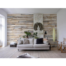 Een fotobehang met een abstracte houten muur bestaande uit meerdere planken, die een warme en natuurlijke uitstraling geeft. Dit ontwerp past perfect in de woonkamer voor een gezellige sfeer.