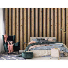 Een fotobehang met houten panelen en akoestisch ontwerp, bedrukt op Airtex, geschikt voor de slaapkamer.