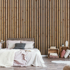 Een fotobehang met houten panelen in een akoestisch ontwerp, ideaal voor een rustige slaapkamer.