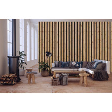 Een fotobehang met houten panelen en een akoestisch ontwerp in een stijlvolle woonkamer.