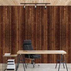 Een fotobehang van houten planken in warme bruine tinten, geschikt voor een kantoor.