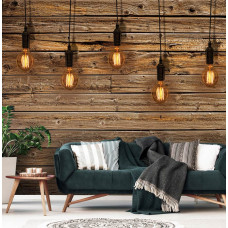 Een fotobehang met houten planken, lampen en lichten in industriėle stijl voor de huiskamer.