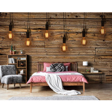 Een fotobehang met houten planken, lampen en lichten in industriėle stijl voor de slaapkamer.