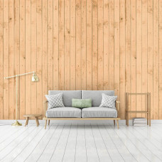 Een fotobehang van houten planken in bruine tinten voor een woonkamer.