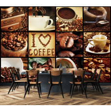 Een fotobehang met koffiebonen en cappuccino in een collage voor de eetkamer.