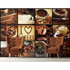 Een fotobehang met een koffiecollage, geschikt voor de huiskamer.