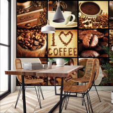 Een fotobehang met een collage van koffiebonen, cappuccino en koffie, ideaal voor een café-achtige sfeer.