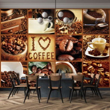 Een fotobehang met een koffiecappuccino-collage met bonen in de keuken.