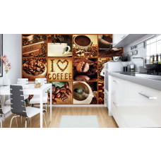 Een fotobehang met een collage van koffiebonen in de keuken.